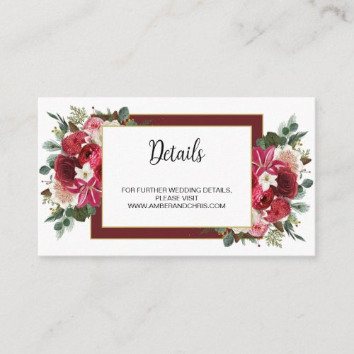 Rustic Burgundy Floral Boho Winter Wedding Website Enclosure Card