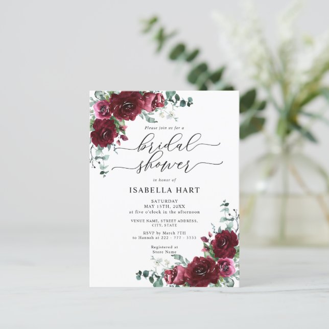 Rustic Burgundy Floral Bridal Shower Invitation Po Postcard (Standing Front)