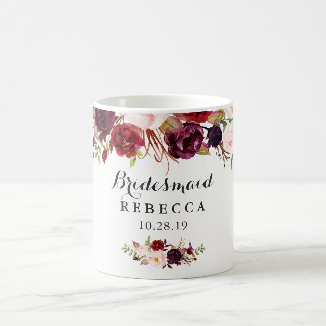 Rustic Burgundy Floral Bridesmaid Wedding Favor Coffee Mug (Center)