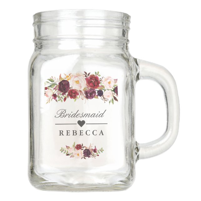 Rustic Burgundy Floral Bridesmaid Wedding Favor Mason Jar (Front)