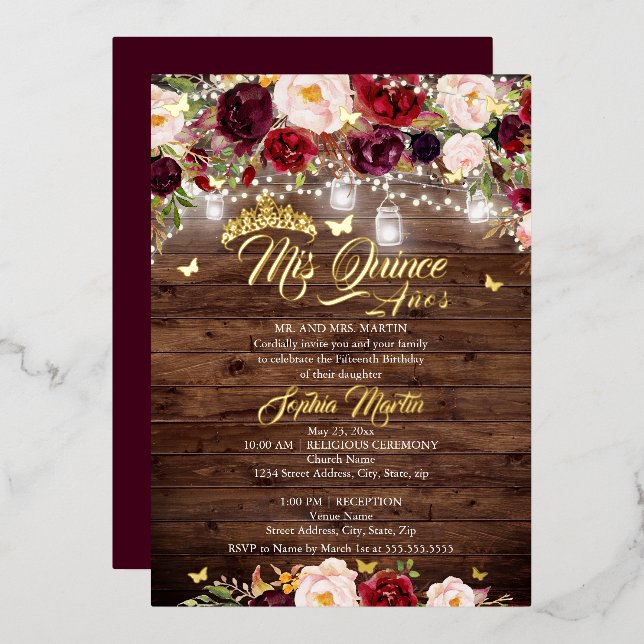 Rustic Burgundy Floral Butterfly Quinceanera Foil Invitation (Front/Back)