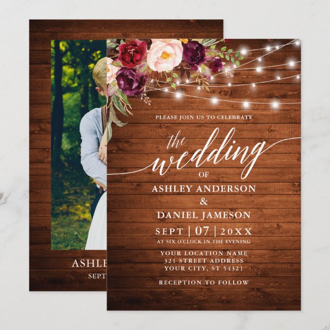 Rustic Burgundy Floral Calligraphy Photo Wedding Invitation (Front/Back)