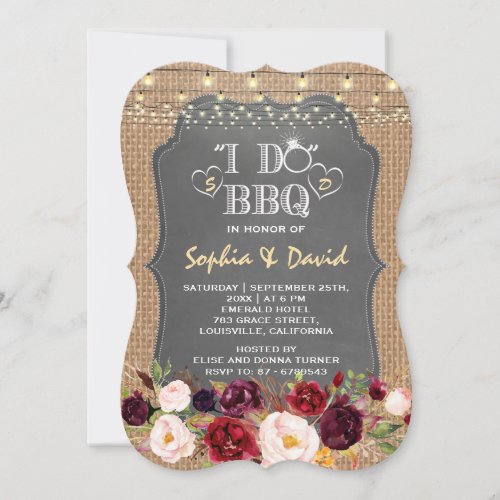 Rustic Burgundy Floral Chalk BurlapI DO BBQ Invitation