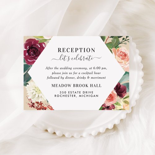 Rustic Burgundy Floral Diamond Wedding Reception Enclosure Card