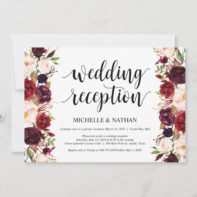Rustic Burgundy Floral Elopement Reception Invites (Front)