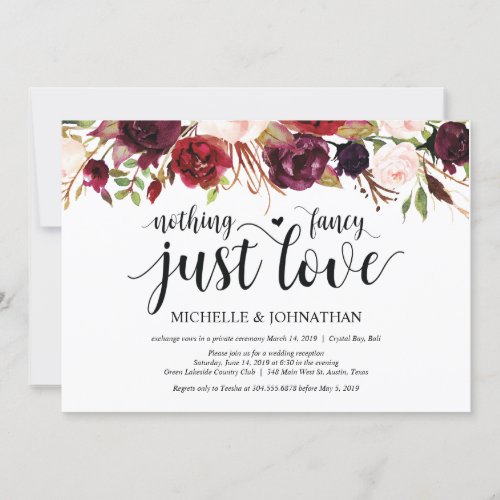 Rustic Burgundy Floral Elopement Reception Invites