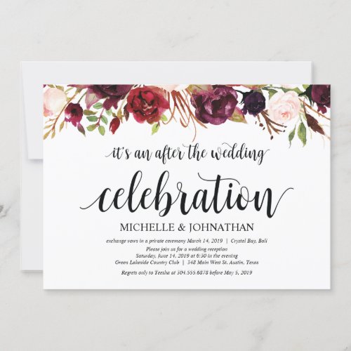 Rustic Burgundy Floral Elopement Reception Invites