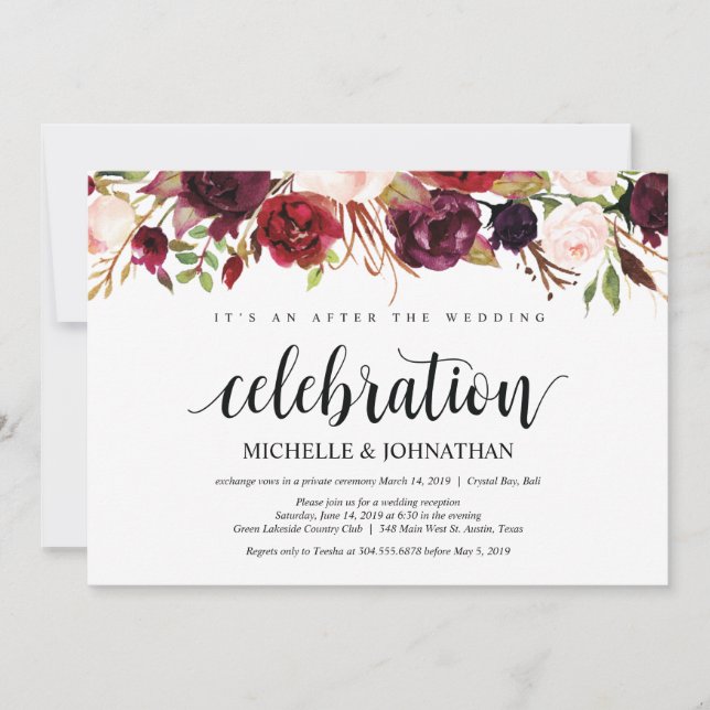 Rustic Burgundy Floral Elopement Reception Invites (Front)