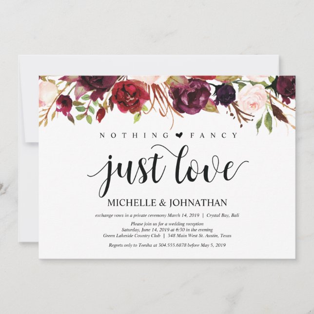 Rustic Burgundy Floral Elopement Reception Invites (Front)