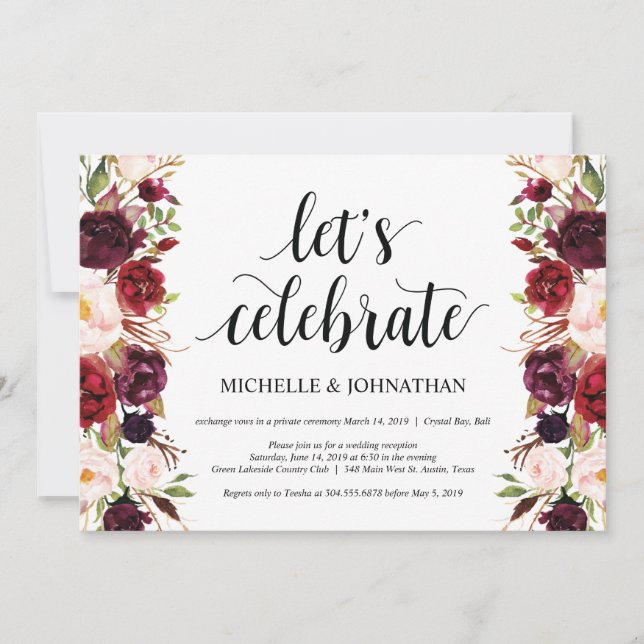 Rustic Burgundy Floral Elopement Reception Invites (Front)