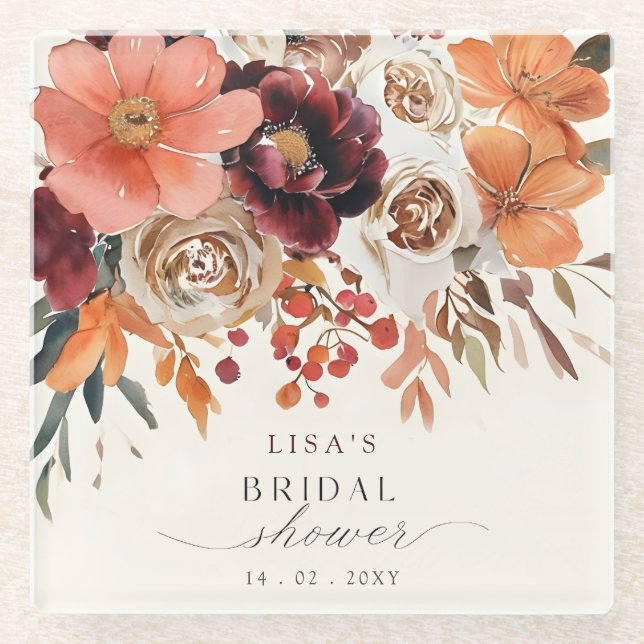 Rustic Burgundy Floral Fall Bridal Shower  Glass Coaster (Front)