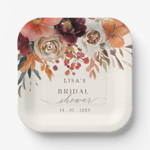 Rustic Burgundy Floral Fall Bridal Shower Paper Plates