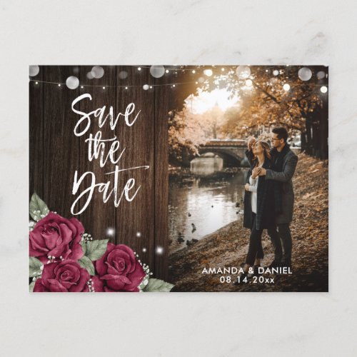 Rustic Burgundy Floral Fall Wedding Photo Announcement Postcard