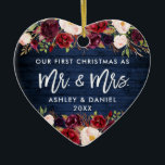 Rustic Burgundy Floral First Christmas Blue Ceramic Ornament<br><div class="desc">Rustic Blue Wood,  Modern Brush Script,  Watercolor Burgundy Marsala Floral,  Our First Christmas as Mr. and Mrs. Heart Wedding Ornament</div>