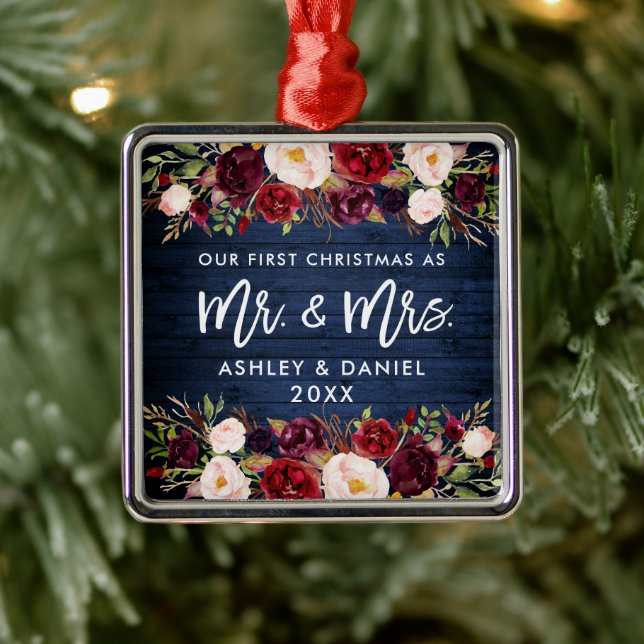 Rustic Burgundy Floral First Christmas Blue Metal Ornament (Tree)