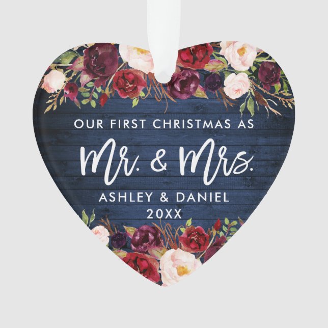 Rustic Burgundy Floral First Christmas Blue Ornament (Front)