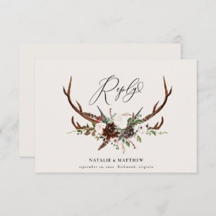 Rustic burgundy floral foliage stag wedding reply RSVP card
