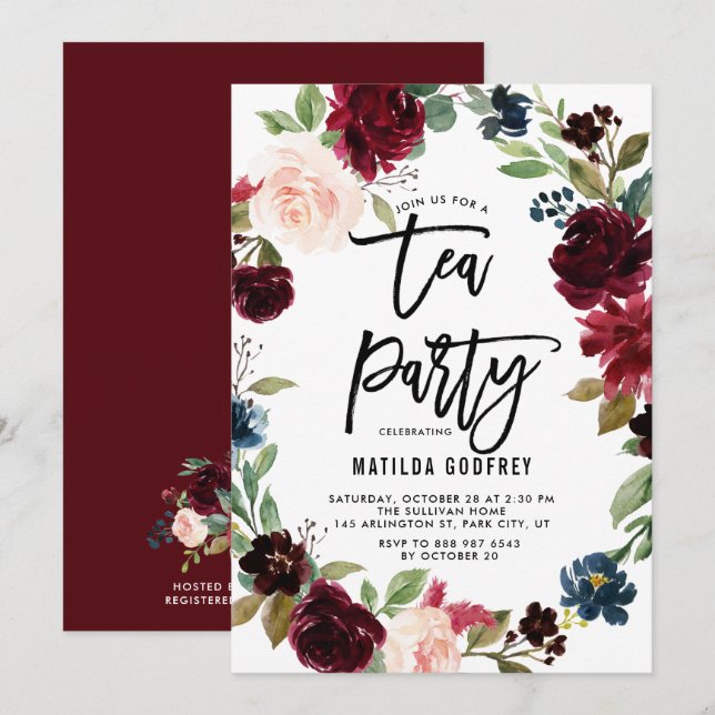 Rustic Burgundy Floral Frame Autumn Tea Party Invitation (Front/Back)