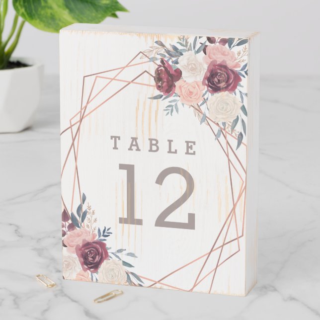 Rustic Burgundy Floral Geometric Wedding Painted Wooden Box Sign (In Situ Vertical)