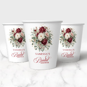 Rustic Burgundy Floral Gold Bridal Shower Paper Cups