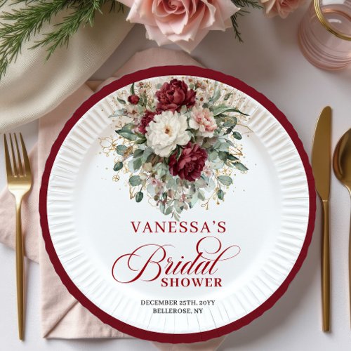 Rustic Burgundy Floral Gold Bridal Shower Paper  Plates