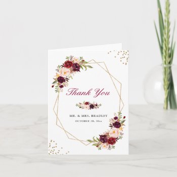 Rustic Burgundy Floral Gold Frame Thank You by CardHunter at Zazzle