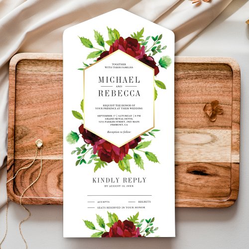 Rustic Burgundy Floral Gold Greenery Wedding All In One Invitation
