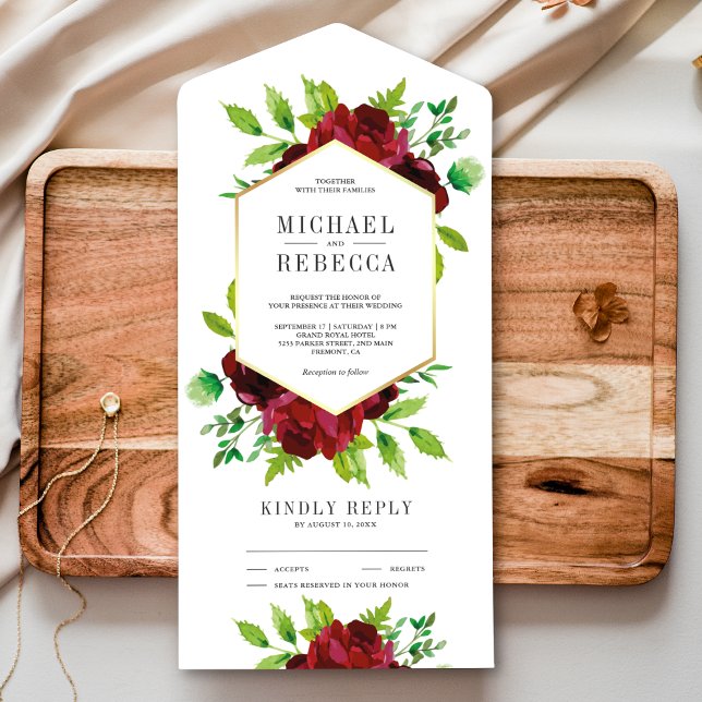 Rustic Burgundy Floral Gold Greenery Wedding All In One Invitation (Creator Uploaded)