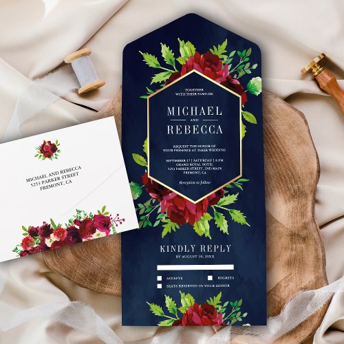 Rustic Burgundy Floral Gold Navy Blue Wedding All In One Invitation