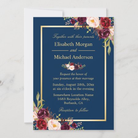 Rustic Burgundy Floral Gold Navy Blue Wedding Invitation