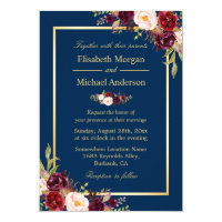 Rustic Burgundy Floral Gold Navy Blue Wedding Invitation