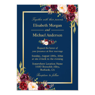 Blue Wedding Invitations Zazzle Rustic Burgundy Fl Gold Navy Blue Wedding Invitation