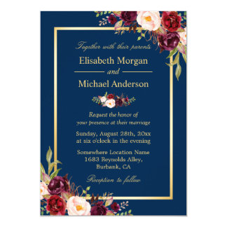 Rustic Burgundy Floral Gold Navy Blue Wedding Invitation