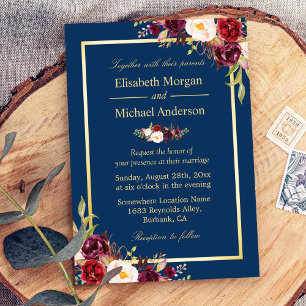Rustic Burgundy Floral Gold Navy Blue Wedding Invitation