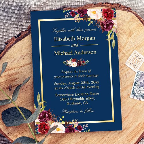 Rustic Burgundy Floral Gold Navy Blue Wedding Card