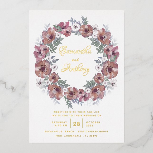 Rustic Burgundy Floral Gold Script Wedding Foil Invitation (Front)