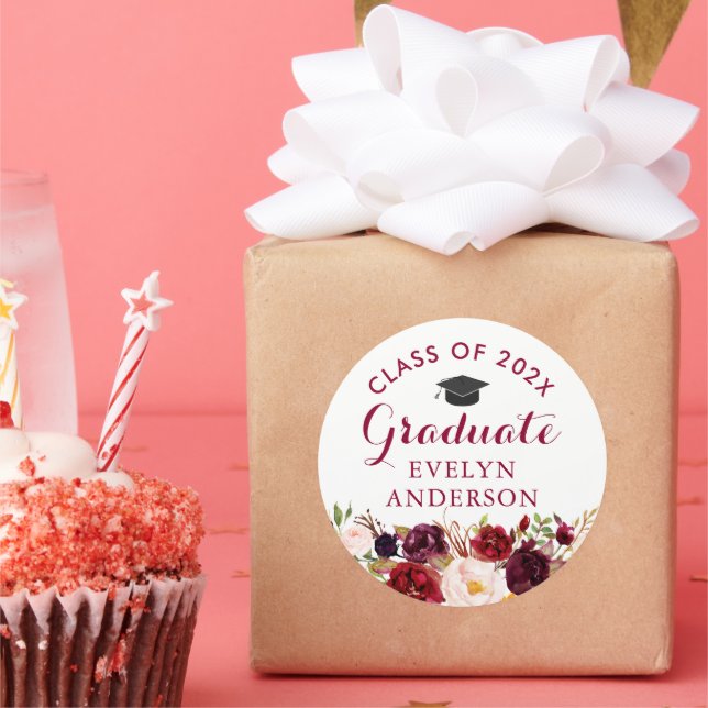 Rustic Burgundy Floral Graduate Graduation Classic Round Sticker (Party)