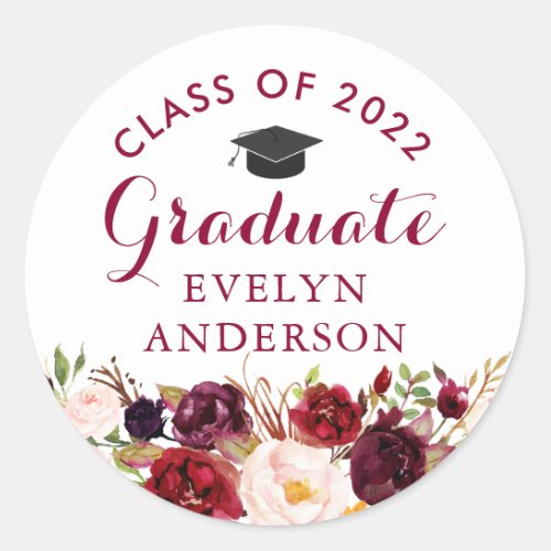 Rustic Burgundy Floral Graduate Graduation Classic Round Sticker - Customize this "Class of 2022 Rustic Burgundy Floral Graduate Graduation Favor Sticker" to add a special touch.  It's perfect for all occasions. For further customization, please click the "customize further" link and use our design tool to modify this template.