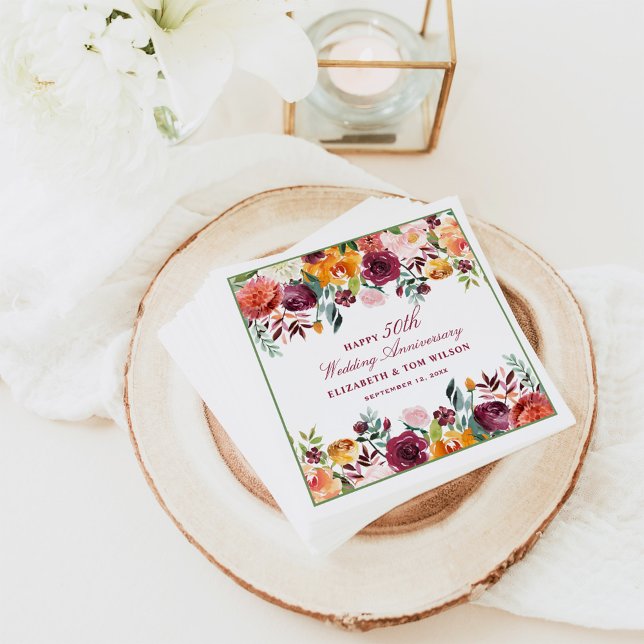 Rustic Burgundy Floral Happy Wedding Anniversary Napkins (Creator Uploaded)
