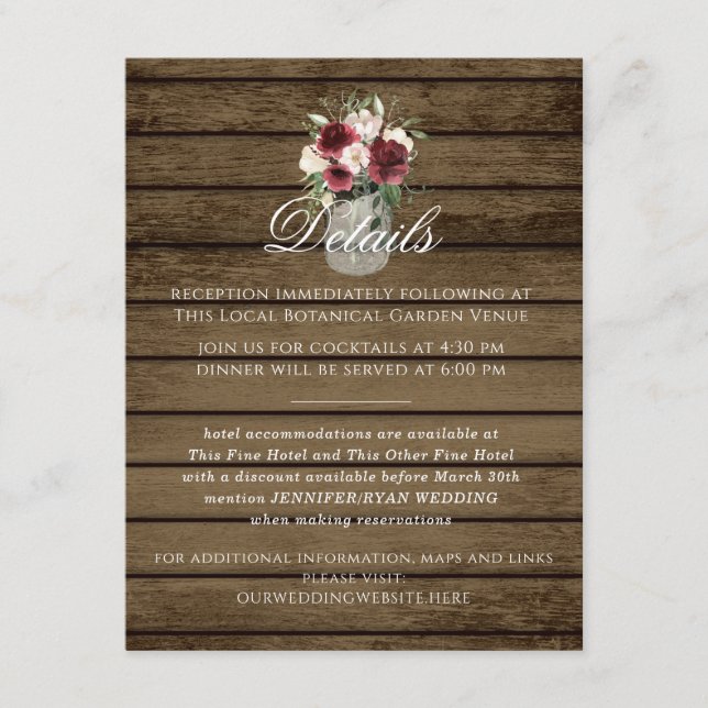 Rustic Burgundy Floral Jar Details Enclosure Card (Front)