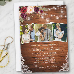 Rustic Burgundy Floral Jar Lights 3 Photo Wedding Invitation