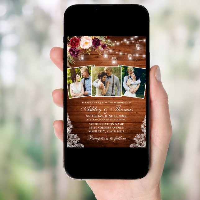 Rustic Burgundy Floral Jar Lights 3 Photo Wedding Invitation (Front Digital)