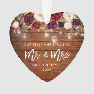 Rustic Burgundy Floral Jar Lights First Christmas Ornament