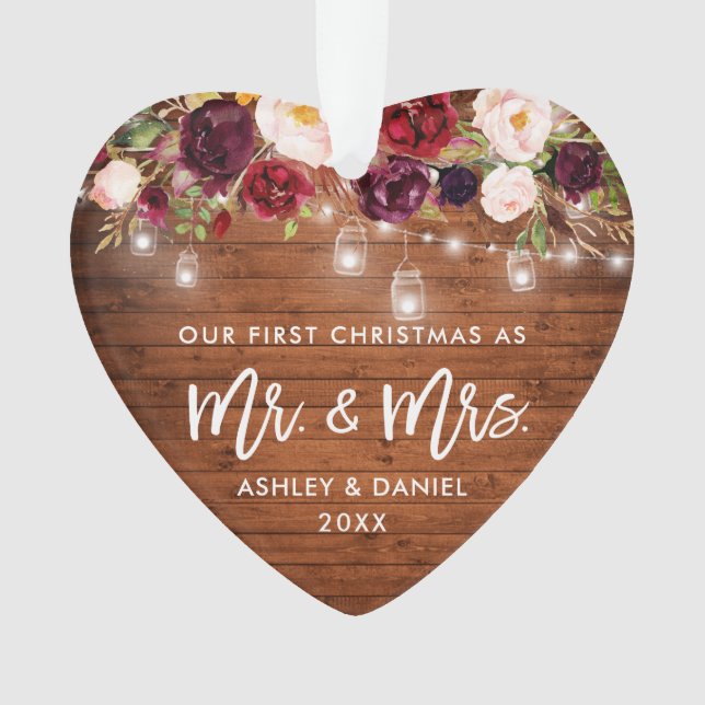 Rustic Burgundy Floral Jar Lights First Christmas Ornament (Front)