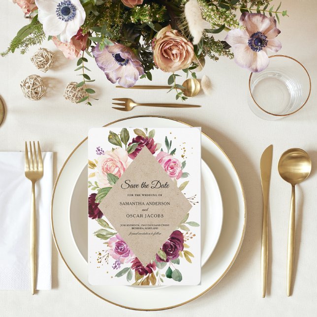 Rustic Burgundy Floral Kraft   Save The Date (Creator Uploaded)