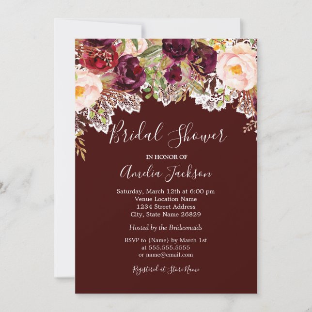 Rustic Burgundy Floral Lace Bridal Shower Invitation (Front)