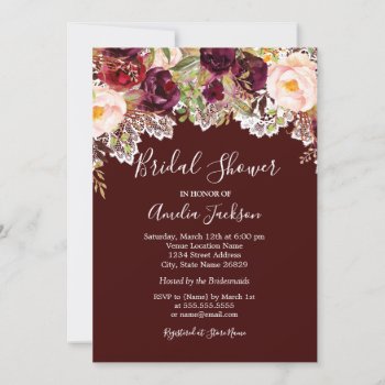 Rustic Burgundy Floral Lace Bridal Shower Invitation by LittleBayleigh at Zazzle