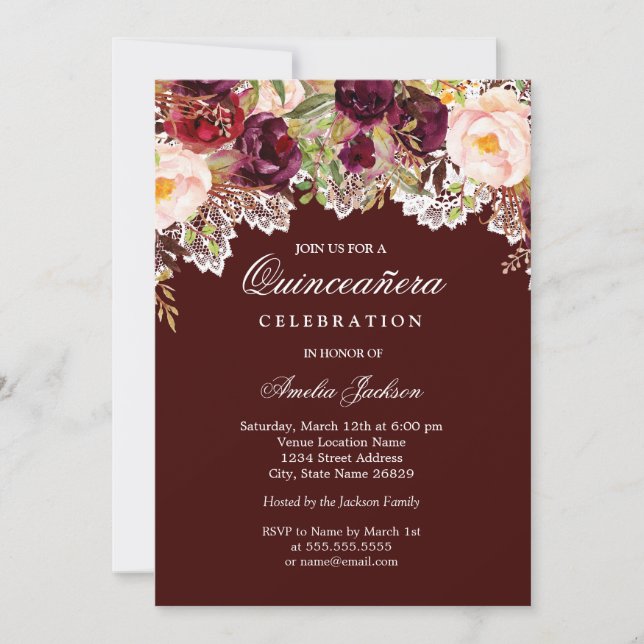 Rustic Burgundy Floral Lace Quinceanera Invitation (Front)