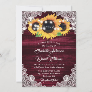 Rustic Burgundy Floral Lace Sunflower Wedding Invitation