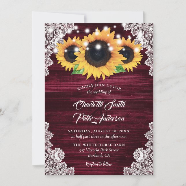 Rustic Burgundy Floral Lace Sunflower Wedding Invitation (Front)